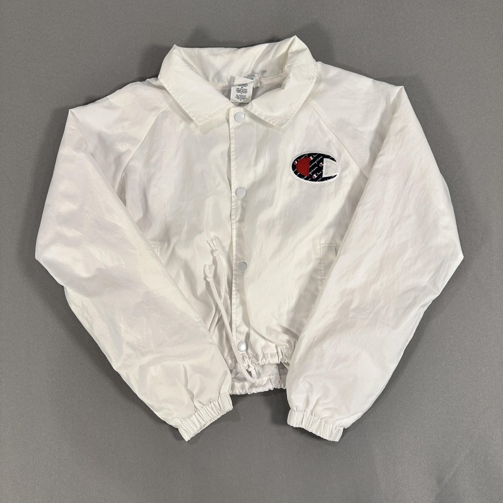 Champion Jacket Mens XS White Snap Front Logo Windbreaker Lightweight Athletic